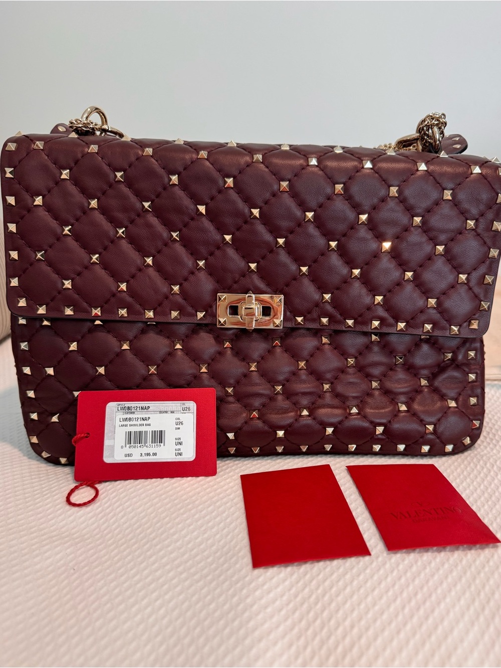 Valentino Quilted Rockstud Shoulder Bag in Burgundy with Gold Hardware